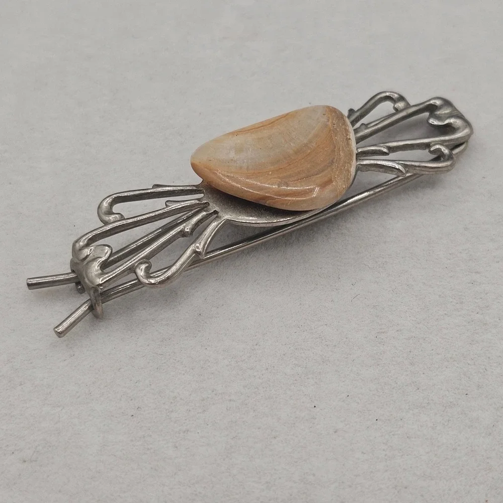 Vintage Art Nouveau Banded Stone Bar Hair Piece Silver Tone Ornate Openwork